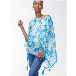 CHICOS Seashell Print Tassel Poncho Small/Medium Turquoise Beachy Tunic